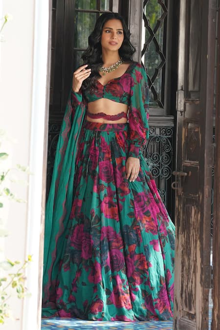 Buy Astha Narang Green Chiffon Sequins, Embroidery Sweetheart Neck Floral Print Lehenga Set Online at Aza Fashions Buy_Astha Narang_Green Chiffon Sequins, Embroidery Sweetheart Neck Floral Print Lehenga Set _Online_at_Aza_Fashions
