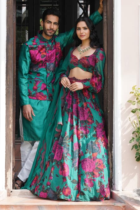 Buy Astha Narang Green Chiffon Sequins, Embroidery Sweetheart Neck Floral Print Lehenga Set Buy_Astha Narang_Green Chiffon Sequins, Embroidery Sweetheart Neck Floral Print Lehenga Set