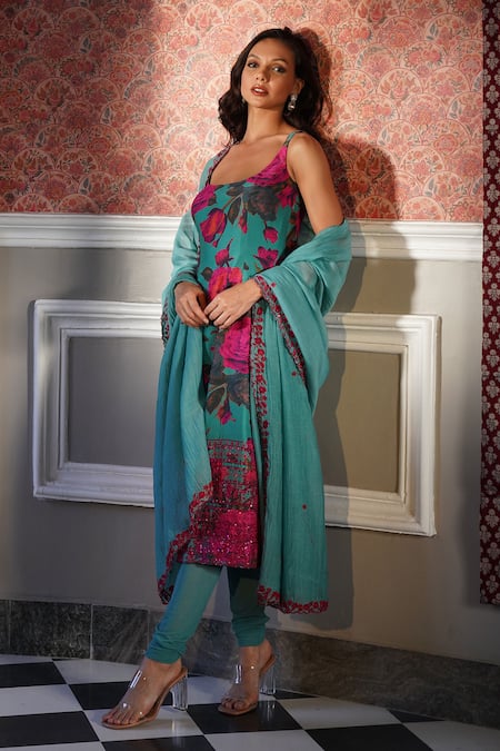 Shop Astha Narang Blue Organza Sequins Round Neck Floral Pattern Kurta Churidar Set at Aza Fashions Shop_Astha Narang_Blue Organza Sequins Round Neck Floral Pattern Kurta Churidar Set _at_Aza_Fashions