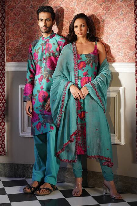 Astha Narang Blue Organza Sequins Round Neck Floral Pattern Kurta Churidar Set Online at Aza Fashions Astha Narang_Blue Organza Sequins Round Neck Floral Pattern Kurta Churidar Set _Online_at_Aza_Fashions