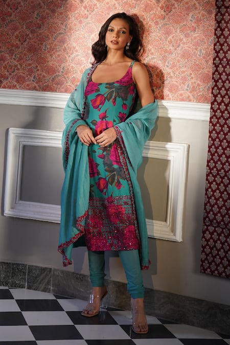 Buy Astha Narang Blue Organza Sequins Round Neck Floral Pattern Kurta Churidar Set Online at Aza Fashions Buy_Astha Narang_Blue Organza Sequins Round Neck Floral Pattern Kurta Churidar Set _Online_at_Aza_Fashions
