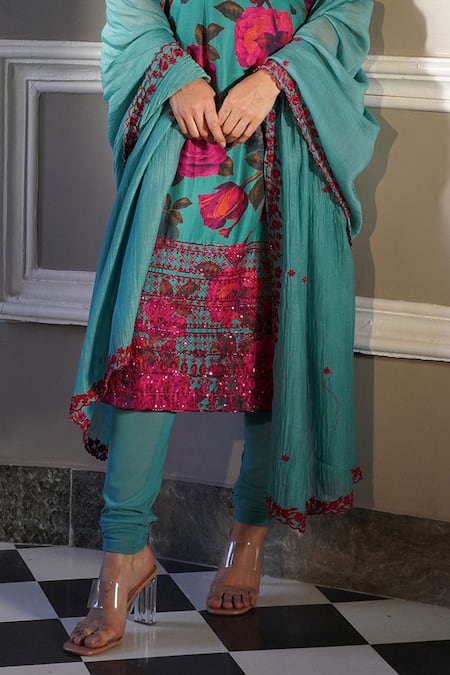 Buy Astha Narang Blue Organza Sequins Round Neck Floral Pattern Kurta Churidar Set Buy_Astha Narang_Blue Organza Sequins Round Neck Floral Pattern Kurta Churidar Set
