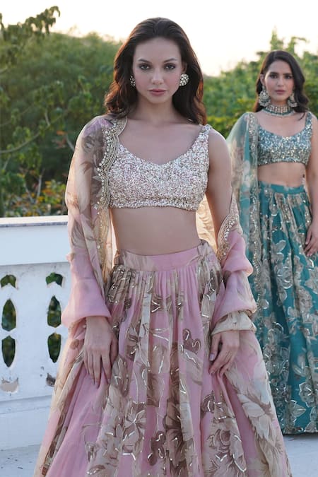Shop Astha Narang Pink Organza Sequins, Embroidery Round Neck Floral Pattern Lehenga Set Online at Aza Fashions Shop_Astha Narang_Pink Organza Sequins, Embroidery Round Neck Floral Pattern Lehenga Set _Online_at_Aza_Fashions