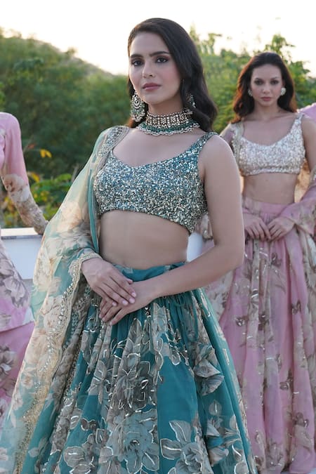 Shop Astha Narang Green Organza Sequins, Embroidery Round Neck Floral Print Blouse Lehenga Set at Aza Fashions Shop_Astha Narang_Green Organza Sequins, Embroidery Round Neck Floral Print Blouse Lehenga Set _at_Aza_Fashions