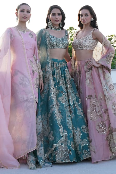 Astha Narang Green Organza Sequins, Embroidery Round Neck Floral Print Blouse Lehenga Set Online at Aza Fashions Astha Narang_Green Organza Sequins, Embroidery Round Neck Floral Print Blouse Lehenga Set _Online_at_Aza_Fashions