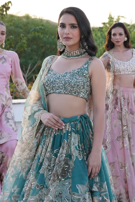 Shop Astha Narang Green Organza Sequins, Embroidery Round Neck Floral Print Blouse Lehenga Set Online at Aza Fashions Shop_Astha Narang_Green Organza Sequins, Embroidery Round Neck Floral Print Blouse Lehenga Set _Online_at_Aza_Fashions