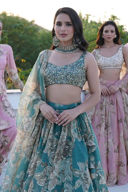 Astha Narang Green Organza Sequins, Embroidery Round Neck Floral Print Blouse Lehenga Set at Aza Fashions Astha Narang_Green Organza Sequins, Embroidery Round Neck Floral Print Blouse Lehenga Set _at_Aza_Fashions