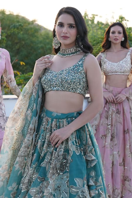 Buy Astha Narang Green Organza Sequins, Embroidery Round Neck Floral Print Blouse Lehenga Set Buy_Astha Narang_Green Organza Sequins, Embroidery Round Neck Floral Print Blouse Lehenga Set