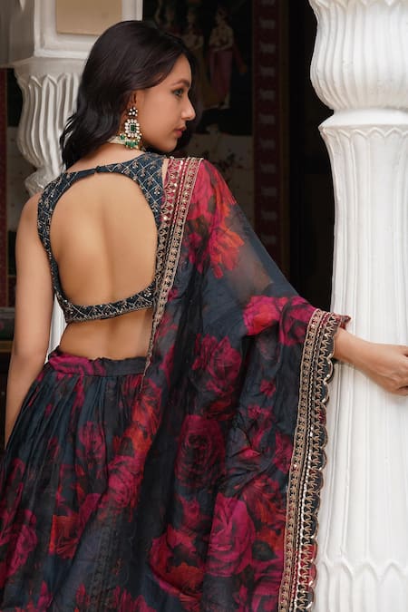 Astha Narang Teal Blue Floral Embroidered Lehenga Set 