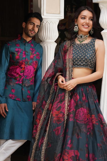 Astha Narang_Blue Organza Embroidery, Sequins Round Neck Teal Floral Lehenga Set _Online_at_Aza_Fashions