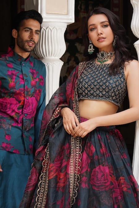 Buy_Astha Narang_Blue Organza Embroidery, Sequins Round Neck Teal Floral Lehenga Set _Online_at_Aza_Fashions