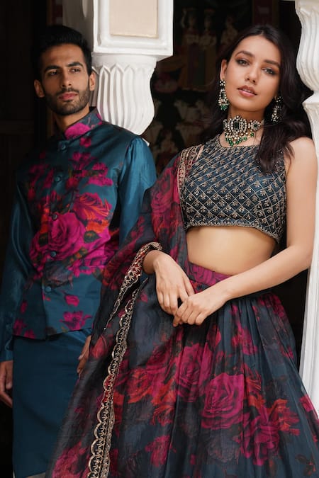 Astha Narang_Blue Organza Embroidery, Sequins Round Neck Teal Floral Lehenga Set _at_Aza_Fashions