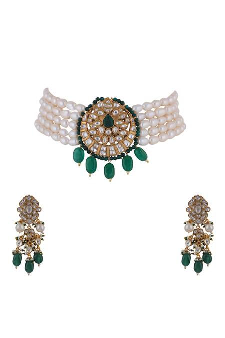 Shop_Riana Jewellery_White Pearls, Beads And Multistrand Choker Necklace Set _at_Aza_Fashions