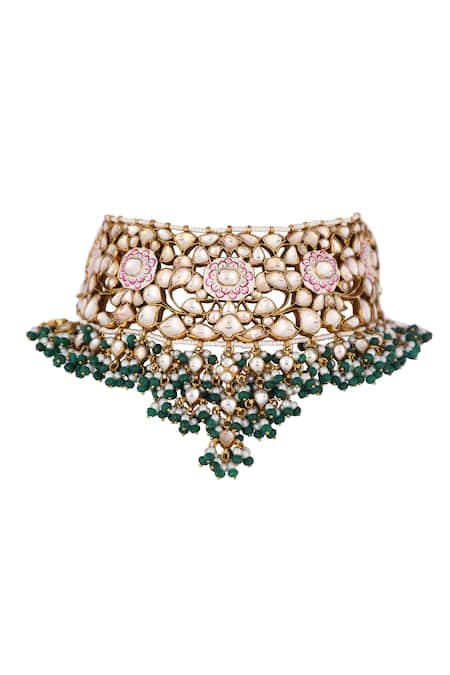 Riana Jewellery_Green Glitter, Beads, Stones Embellished Meenakari Necklace Set _Online_at_Aza_Fashions