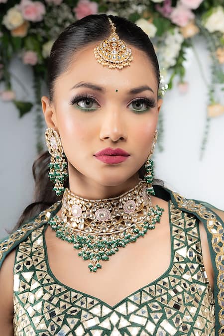 Shop_Riana Jewellery_Green Glitter, Beads, Stones Embellished Meenakari Necklace Set _Online_at_Aza_Fashions