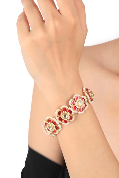 Riana Jewellery Floral Pearl & Ruby Stone Embellished Bracelet 