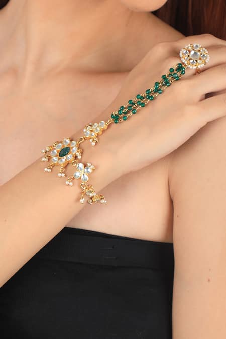 Riana Jewellery Green Beads, Stones Embellished Hathphool Set Of 2 Online at Aza Fashions Riana Jewellery_Green Beads, Stones Embellished Hathphool Set Of 2 _Online_at_Aza_Fashions