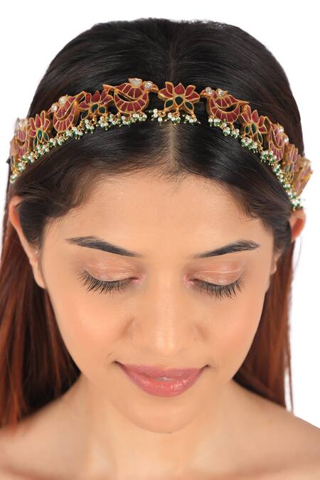 Riana Jewellery Pink Lotus And Peacock Motif Mathapatti Online at Aza Fashions Riana Jewellery_Pink Lotus And Peacock Motif Mathapatti _Online_at_Aza_Fashions