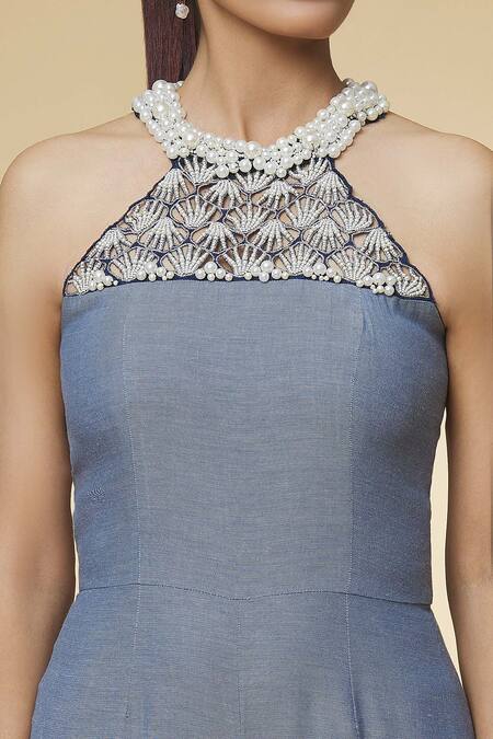 Shop_Varsha Wadhwa_Blue Denim Pearls Halter Neck Jumpsuit _Online_at_Aza_Fashions