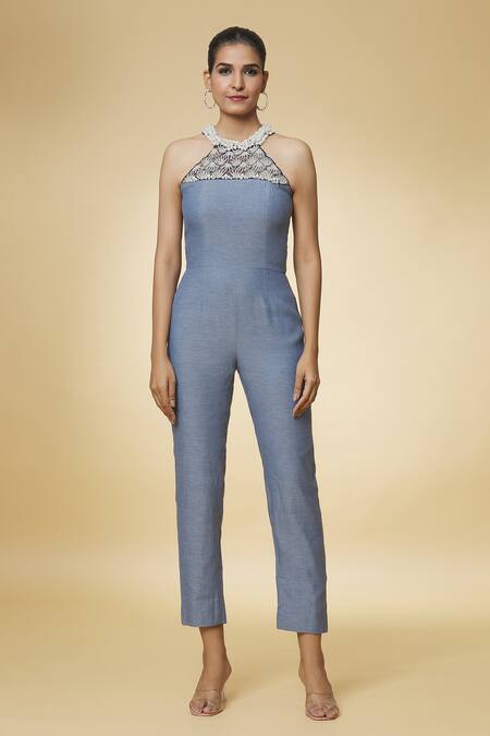 Varsha Wadhwa_Blue Denim Pearls Halter Neck Jumpsuit _at_Aza_Fashions
