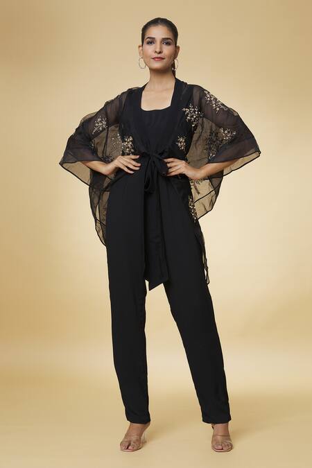 Buy_Varsha Wadhwa_Black Pearls, Zari Scoop Neck Solid Jumpsuit With Embroidered Cape _Online_at_Aza_Fashions