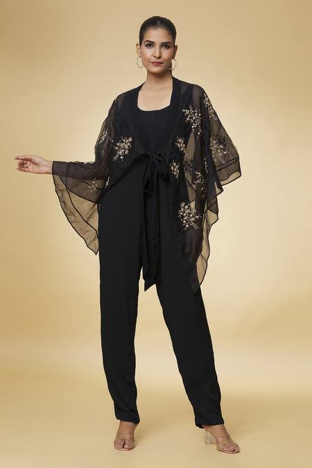 Shop_Varsha Wadhwa_Black Pearls, Zari Scoop Neck Solid Jumpsuit With Embroidered Cape _Online_at_Aza_Fashions