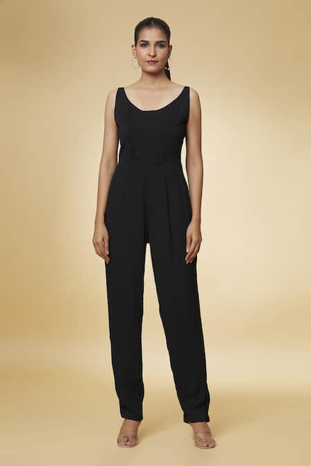 Varsha Wadhwa_Black Pearls, Zari Scoop Neck Solid Jumpsuit With Embroidered Cape _at_Aza_Fashions