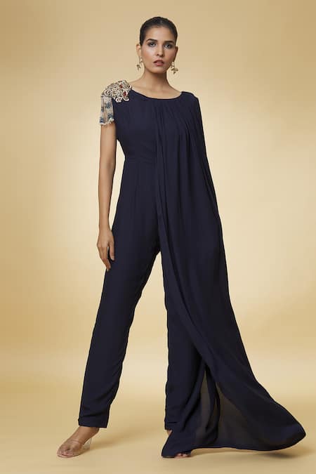 Varsha Wadhwa Blue Embroidered Bead Round Shoulder Patch Tasseled Jumpsuit  