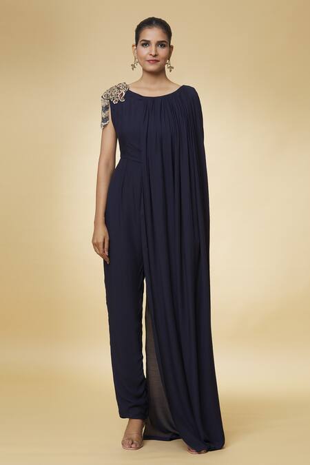 Varsha Wadhwa_Blue Sequins, Beads Round Neck Shoulder Patch Tasseled Jumpsuit _Online_at_Aza_Fashions