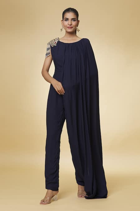 Buy_Varsha Wadhwa_Blue Sequins, Beads Round Neck Shoulder Patch Tasseled Jumpsuit _Online_at_Aza_Fashions