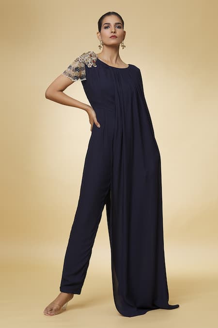 Shop_Varsha Wadhwa_Blue Sequins, Beads Round Neck Shoulder Patch Tasseled Jumpsuit _Online_at_Aza_Fashions