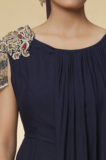 Varsha Wadhwa_Blue Sequins, Beads Round Neck Shoulder Patch Tasseled Jumpsuit _at_Aza_Fashions