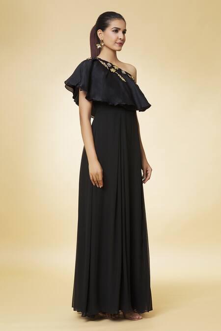 Varsha Wadhwa_Black Embroidered Pearl One-shoulder Patchwork Gown _Online_at_Aza_Fashions