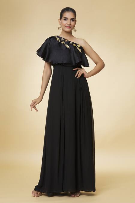 Buy_Varsha Wadhwa_Black Embroidered Pearl One-shoulder Patchwork Gown _Online_at_Aza_Fashions