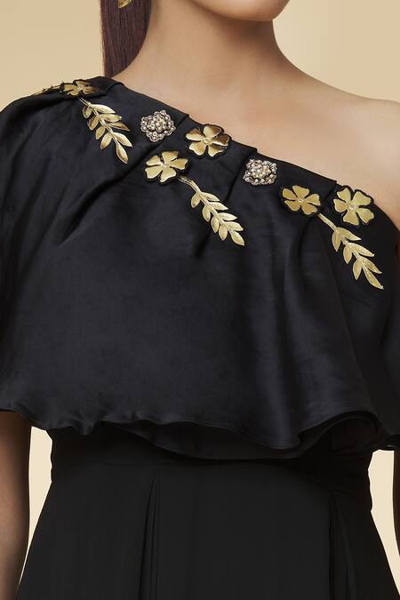 Shop_Varsha Wadhwa_Black Embroidered Pearl One-shoulder Patchwork Gown _Online_at_Aza_Fashions