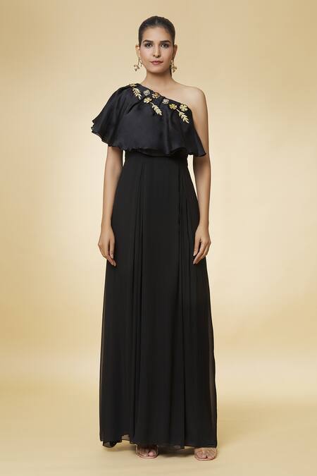 Varsha Wadhwa_Black Embroidered Pearl One-shoulder Patchwork Gown _at_Aza_Fashions