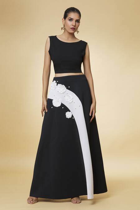 Varsha Wadhwa_Black Neoprene Pearls, Applique Color Blocked Work Skirt _Online_at_Aza_Fashions