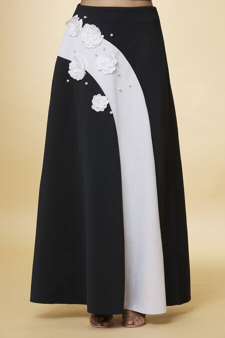 Varsha Wadhwa_Black Neoprene Pearls, Applique Color Blocked Work Skirt _at_Aza_Fashions