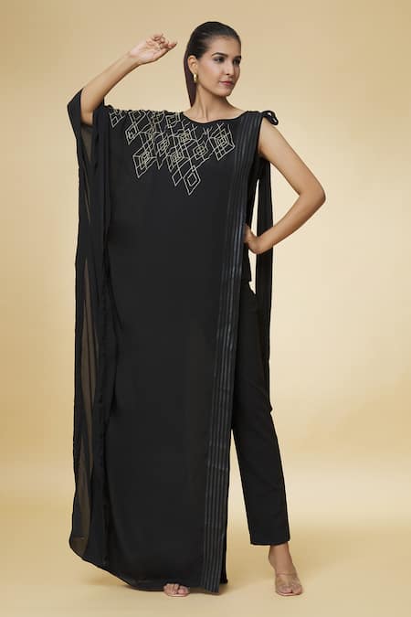 Varsha Wadhwa_Black Faux Leather Applique Work Cape Overlay _Online_at_Aza_Fashions