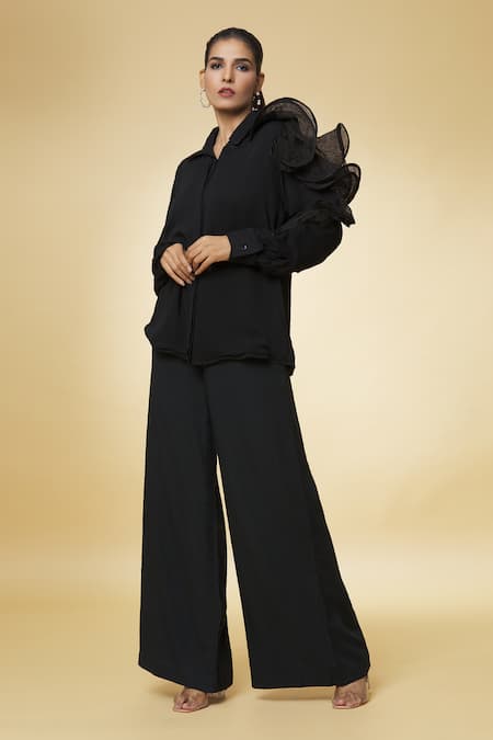 Buy_Varsha Wadhwa_Black Ruffles Collared Button Down Shirt _Online_at_Aza_Fashions