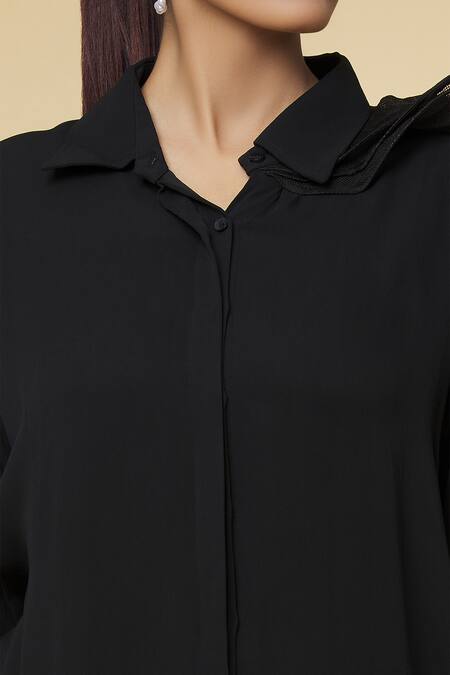 Shop_Varsha Wadhwa_Black Ruffles Collared Button Down Shirt _Online_at_Aza_Fashions