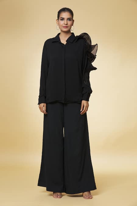 Varsha Wadhwa_Black Ruffles Collared Button Down Shirt _at_Aza_Fashions