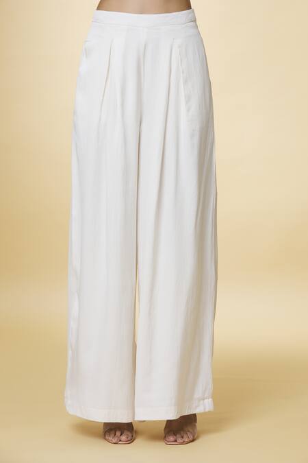 Buy_Varsha Wadhwa_White Solid Pleated Palazzo  _Online_at_Aza_Fashions