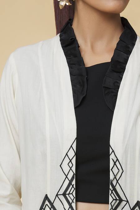 Shop_Varsha Wadhwa_White Front Open Ruffle Neck Embroidered Cape _Online_at_Aza_Fashions