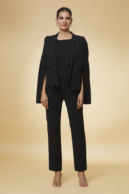 Varsha Wadhwa_Black Short Solid Cape Jacket _at_Aza_Fashions
