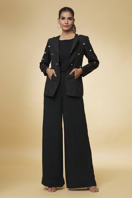 Buy_Varsha Wadhwa_Black Denim Pearls Shawl Neck Jacket With Work _Online_at_Aza_Fashions