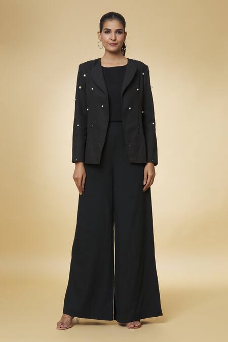 Varsha Wadhwa_Black Denim Pearls Shawl Neck Jacket With Work _at_Aza_Fashions