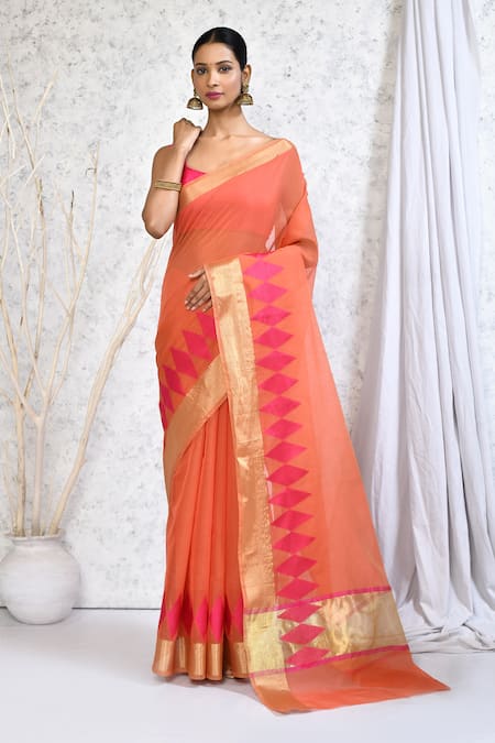 Nazaakat by Samara Singh Orange Cotton Silk Woven Diamond Border Saree With Running Blouse