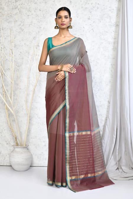 Nazaakat by Samara Singh Grey Cotton Silk Woven Stripe Placement Saree With Running Blouse