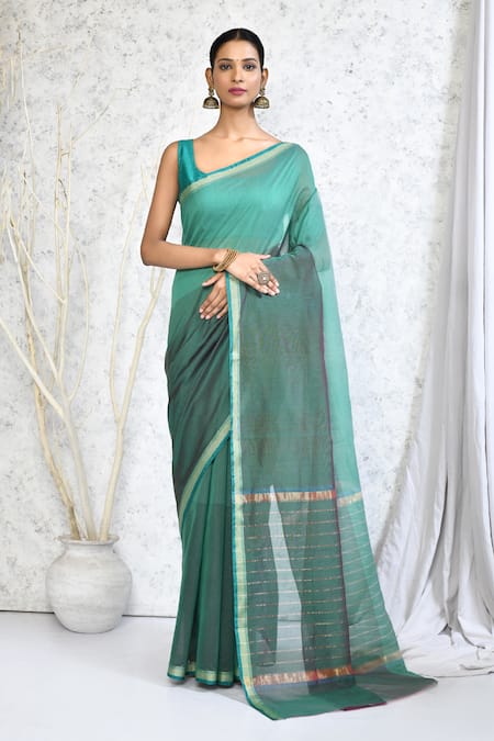 Nazaakat by Samara Singh Green Cotton Silk Woven Stripe Solid Border Saree With Running Blouse